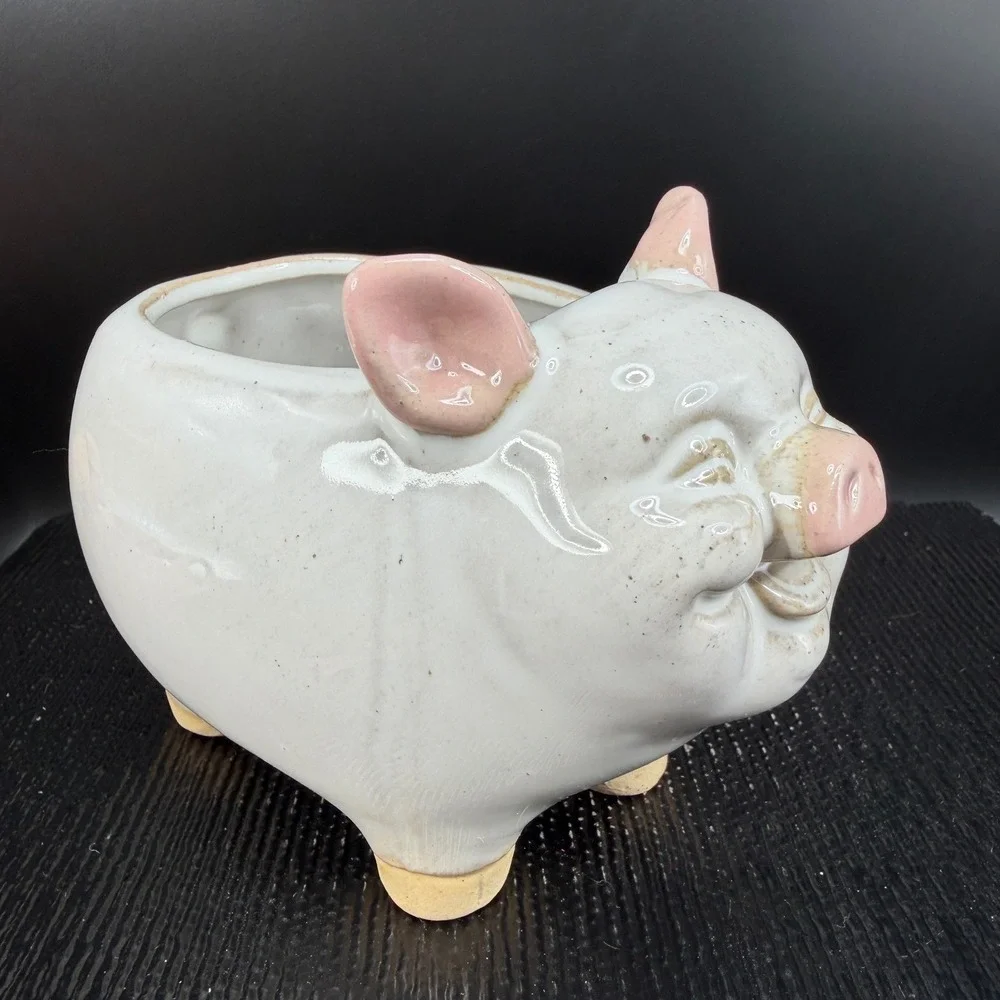 Smiling Ceramic Pig Planter White Pink Indoor Succulent Pot‎ Drainage Hole 6x4